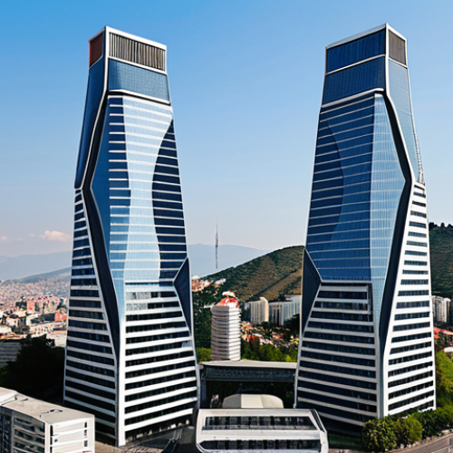 Home 4 **Image Prompt:** Modern twin towers (Axis Towers) in Tbilisi, Georgia, dominating the skyline with a mix of office, residential, and hotel spaces. Show a vibrant city scene below with modern design elements.