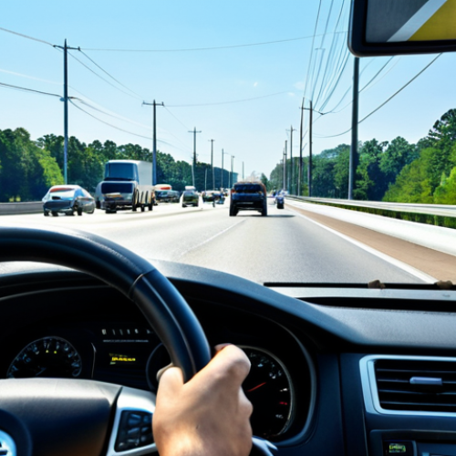 A professional driver, fully clothed in modest, comfortable attire, carefully navigating a multi-lane highway near Atlanta, Georgia, during a vibrant rush hour. The scene captures the dynamic energy of urban traffic, with modern vehicles around, maintaining safe distances. The driver's hands are placed firmly on the steering wheel, demonstrating compliance with hands-free device laws, eyes focused intently on the road ahead, anticipating traffic flow. The background features clear blue skies or an overcast but bright day, with typical Georgia road signage visible. Professional photography, high quality, realistic, perfect anatomy, correct proportions, well-formed hands, natural body proportions, natural pose, appropriate attire, professional dress, safe for work, appropriate content, family-friendly.