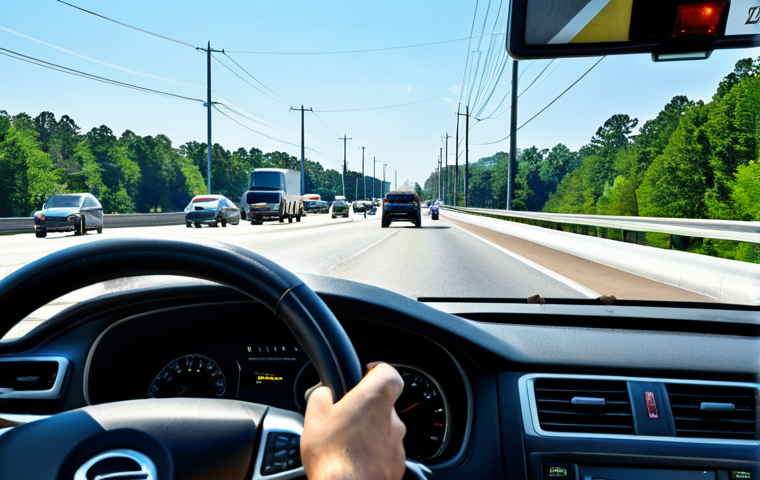 A professional driver, fully clothed in modest, comfortable attire, carefully navigating a multi-lane highway near Atlanta, Georgia, during a vibrant rush hour. The scene captures the dynamic energy of urban traffic, with modern vehicles around, maintaining safe distances. The driver's hands are placed firmly on the steering wheel, demonstrating compliance with hands-free device laws, eyes focused intently on the road ahead, anticipating traffic flow. The background features clear blue skies or an overcast but bright day, with typical Georgia road signage visible. Professional photography, high quality, realistic, perfect anatomy, correct proportions, well-formed hands, natural body proportions, natural pose, appropriate attire, professional dress, safe for work, appropriate content, family-friendly.
