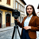 A young, professional Georgian woman, fully clothed in a modest, contemporary blazer and slacks, standing in a historic Old Town street in Tbilisi. She is presenting to a camera on a tripod, gesturing towards traditional Georgian architecture and explaining its history. The scene captures the blend of local narrative content and modern digital media. Her posture is a natural pose, with perfect anatomy, correct proportions, well-formed hands, and proper finger count. The background features cobblestone streets and ancient stone buildings under clear daylight. Professional photography, sharp focus, high quality, vibrant colors. Safe for work, appropriate content, professional dress, family-friendly.