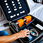 Traveler Preparing Electronics**

A fully clothed, professional-looking travel blogger, packing a universal adapter, power strip with USB ports, and voltage converter in a suitcase. The setting is a brightly lit, modern hotel room. Safe for work, appropriate content, perfect anatomy, correct proportions, well-formed hands, proper finger count, natural body proportions, modest clothing.

**