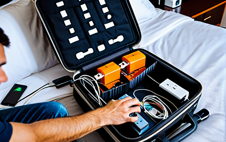 Traveler Preparing Electronics**
A fully clothed, professional-looking travel blogger, packing a universal adapter, power strip with USB ports, and voltage converter in a suitcase. The setting is a brightly lit, modern hotel room. Safe for work, appropriate content, perfect anatomy, correct proportions, well-formed hands, proper finger count, natural body proportions, modest clothing.
**