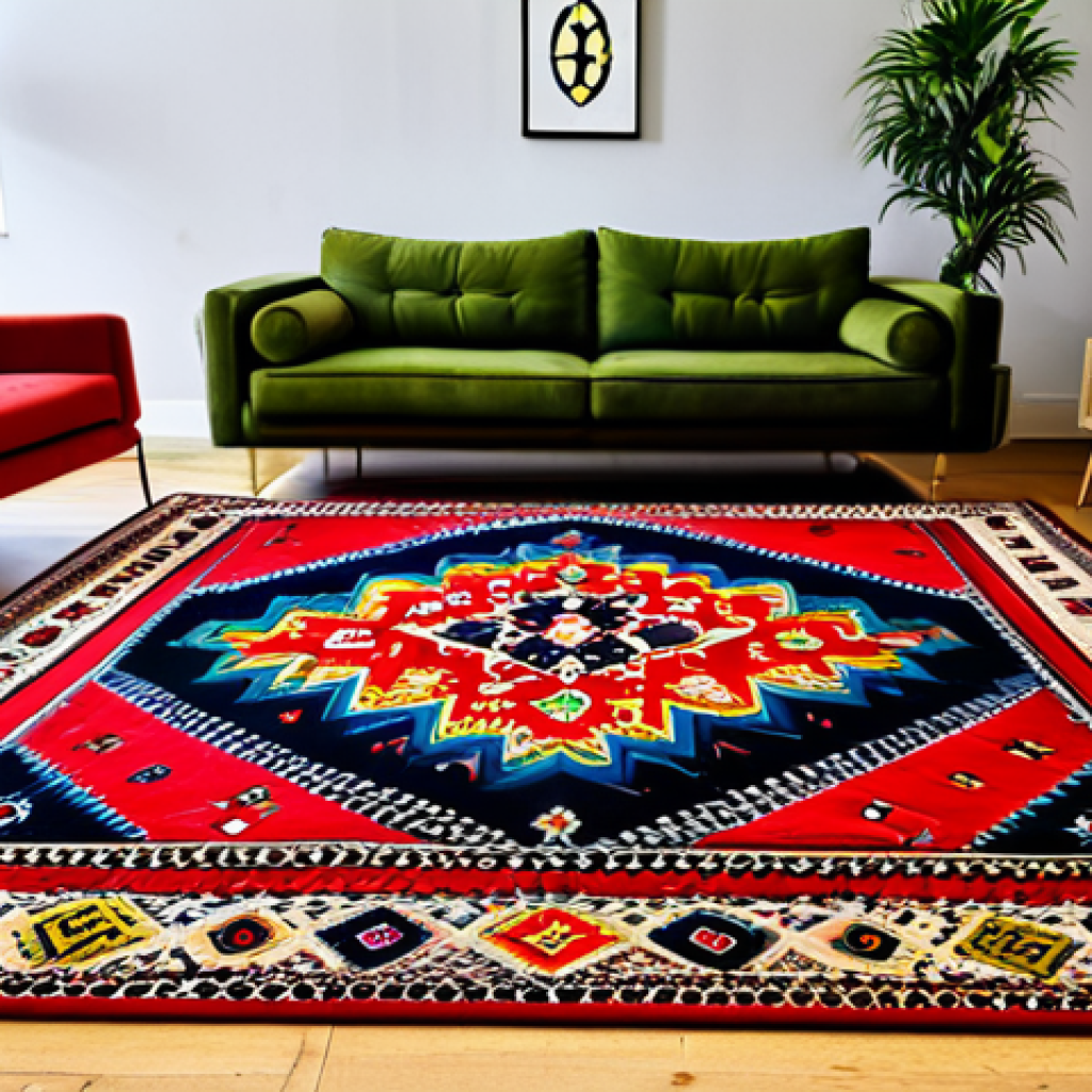 **

"A vibrant Georgian carpet with intricate geometric patterns in red, black, blue, green, and yellow. The design incorporates rhombuses, crosses, and spirals. Displayed in a modern living room setting, fully clothed models admiring it, appropriate content, safe for work, perfect anatomy, natural proportions, professional photography, high quality."

**
