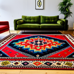 **

"A vibrant Georgian carpet with intricate geometric patterns in red, black, blue, green, and yellow. The design incorporates rhombuses, crosses, and spirals. Displayed in a modern living room setting, fully clothed models admiring it, appropriate content, safe for work, perfect anatomy, natural proportions, professional photography, high quality."

**