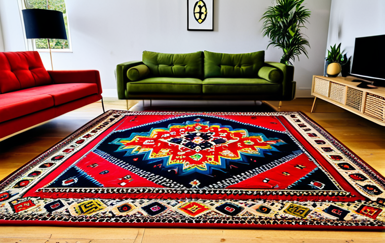 **
"A vibrant Georgian carpet with intricate geometric patterns in red, black, blue, green, and yellow. The design incorporates rhombuses, crosses, and spirals. Displayed in a modern living room setting, fully clothed models admiring it, appropriate content, safe for work, perfect anatomy, natural proportions, professional photography, high quality."
**