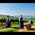 **

"A large family participating in Rtveli, the Georgian grape harvest. They are in a sunny vineyard, fully clothed in modest, traditional clothing, picking grapes and filling baskets. Background shows rolling hills and blue sky. Safe for work, appropriate content, perfect anatomy, natural proportions, professional photography, family-friendly."

**