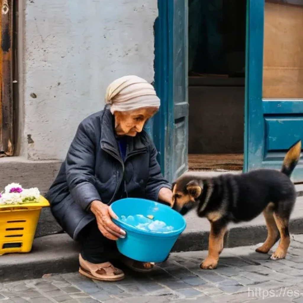 조지아의 동물 보호 활동 - A poignant yet hopeful scene on a bustling Tbilisi street. A mother street dog, wearing a visible ea...