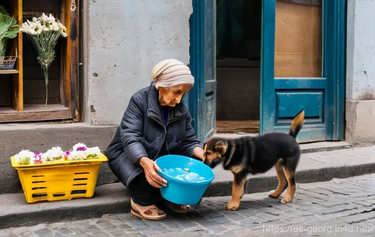 조지아의 동물 보호 활동 - A poignant yet hopeful scene on a bustling Tbilisi street. A mother street dog, wearing a visible ea...