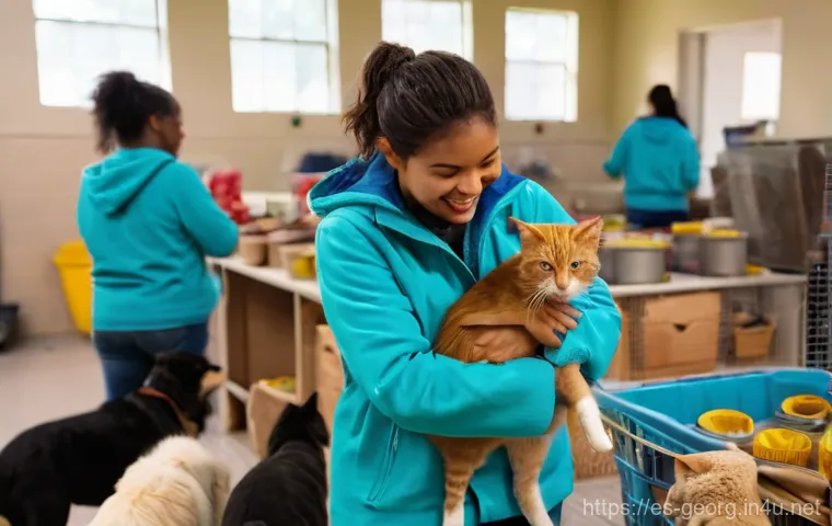 조지아의 동물 보호 활동 - A poignant yet hopeful scene on a bustling Tbilisi street. A mother street dog, wearing a visible ea...