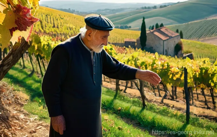 조지아의 주요 수출품 - **Prompt:** A serene and picturesque autumnal scene in a Georgian vineyard. An elderly, wise-looking...