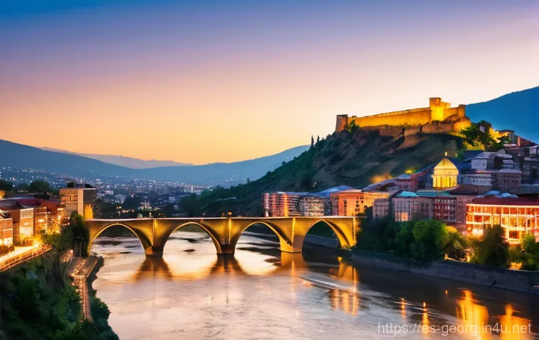 조지아에서 무료로 즐길 수 있는 활동 - **Prompt:** A breathtaking panoramic view of Tbilisi's Old Town at sunset. The historic quarter is c...