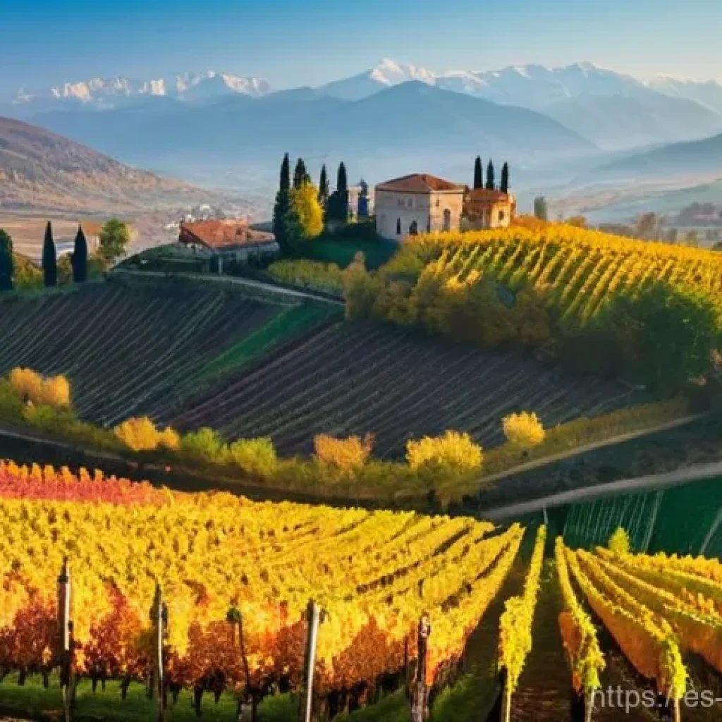 조지아의 기후와 계절별 옷차림 - **Prompt:** A picturesque autumn landscape in the Kakheti region of Georgia, showcasing rolling hill...