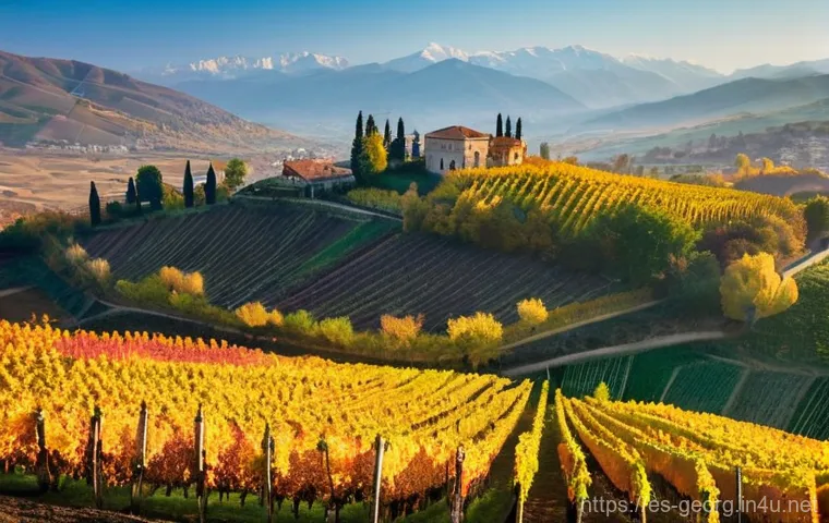 조지아의 기후와 계절별 옷차림 - **Prompt:** A picturesque autumn landscape in the Kakheti region of Georgia, showcasing rolling hill...