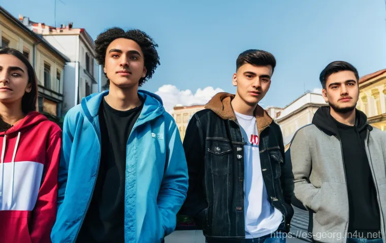 조지아의 청년 문화 트렌드 - "A diverse group of young Georgian activists, aged 18-25, stands united on a bustling, modern street...