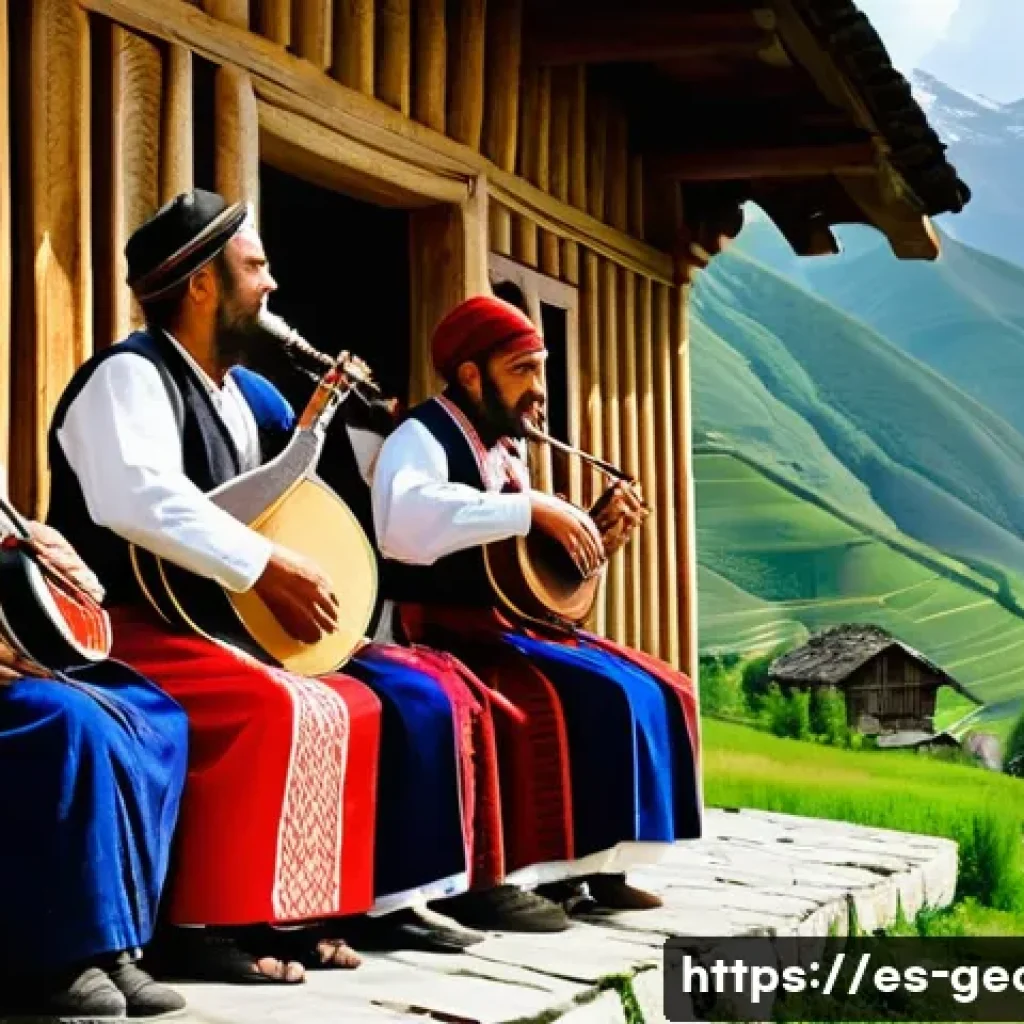조지아 민속 음악 다운로드 - A traditional Georgian folk music scene set in a rustic mountain village in Svaneti, showing a group...