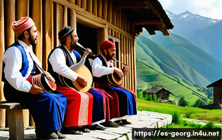 조지아 민속 음악 다운로드 - A traditional Georgian folk music scene set in a rustic mountain village in Svaneti, showing a group...