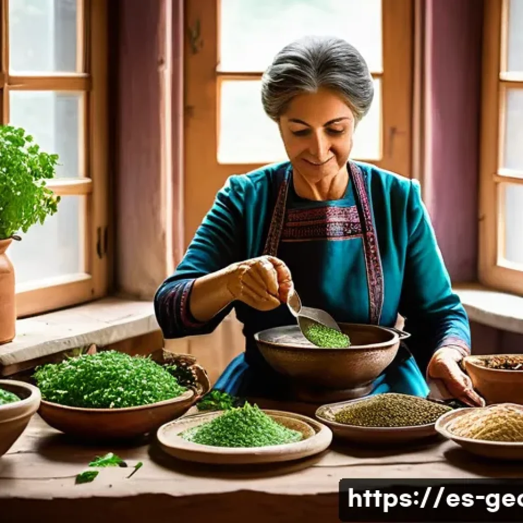 조지아의 전통 요리 향신료 - A vibrant Georgian kitchen scene featuring a rustic wooden table filled with traditional dishes such...