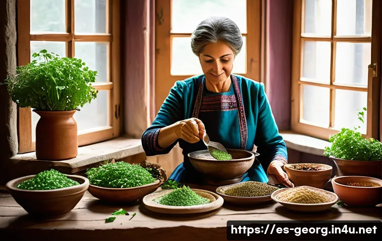 조지아의 전통 요리 향신료 - A vibrant Georgian kitchen scene featuring a rustic wooden table filled with traditional dishes such...