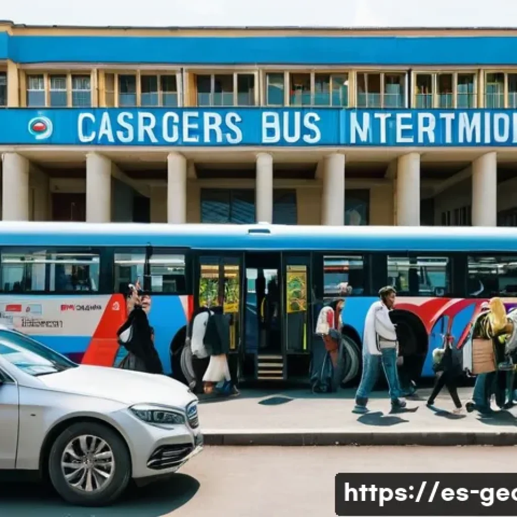 조지아 국내 버스 노선 - A bustling Georgian intercity bus terminal in Tbilisi during daytime, featuring modern and tradition...
