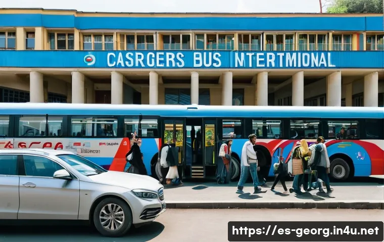 조지아 국내 버스 노선 - A bustling Georgian intercity bus terminal in Tbilisi during daytime, featuring modern and tradition...
