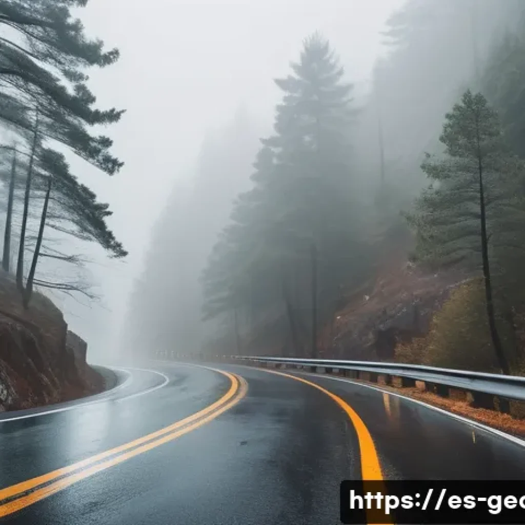 조지아에서 자주 발생하는 사건사고 - A winding mountainous road in Georgia during heavy fog and rain, showing a cautious driver in a car ...