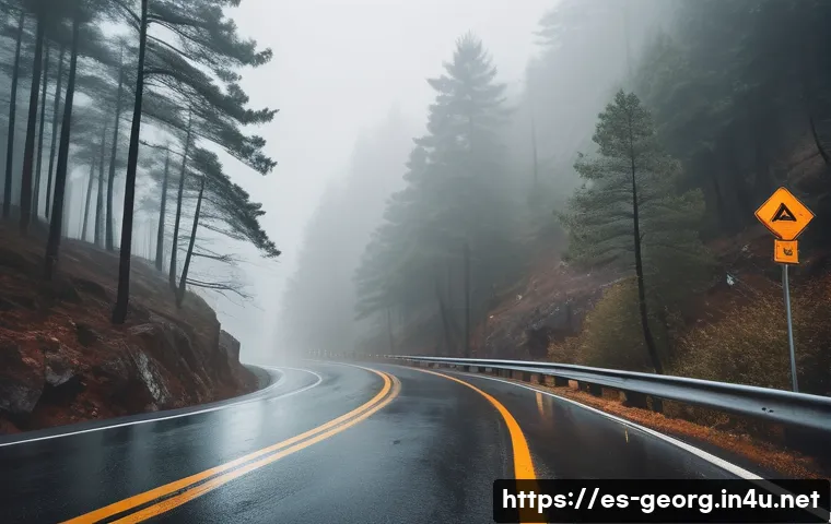 조지아에서 자주 발생하는 사건사고 - A winding mountainous road in Georgia during heavy fog and rain, showing a cautious driver in a car ...
