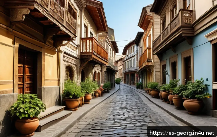 트빌리시 관광 명소 - A picturesque cobblestone street in the historic old town of Tbilisi, lined with charming houses fea...
