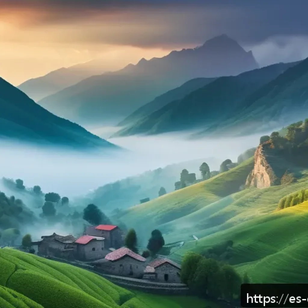 조지아의 독특한 전설과 이야기 - A mystical Georgian mountain landscape at dawn, with towering snow-capped peaks and ancient stone to...