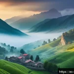 Home 16 조지아의 독특한 전설과 이야기 - A mystical Georgian mountain landscape at dawn, with towering snow-capped peaks and ancient stone to...