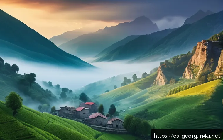 조지아의 독특한 전설과 이야기 - A mystical Georgian mountain landscape at dawn, with towering snow-capped peaks and ancient stone to...
