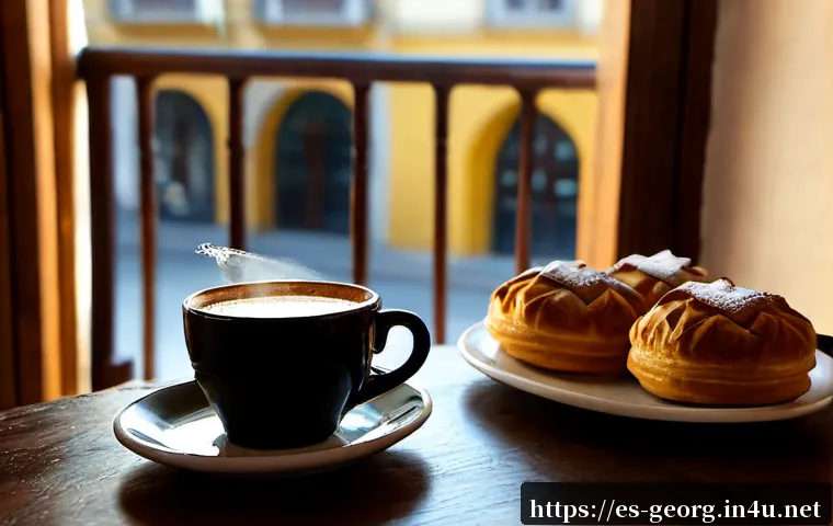 Home 17 조지아 커피 문화 - Photorealistic morning scene in a cozy Georgian café in Tbilisi, a small cup of strong traditional c...